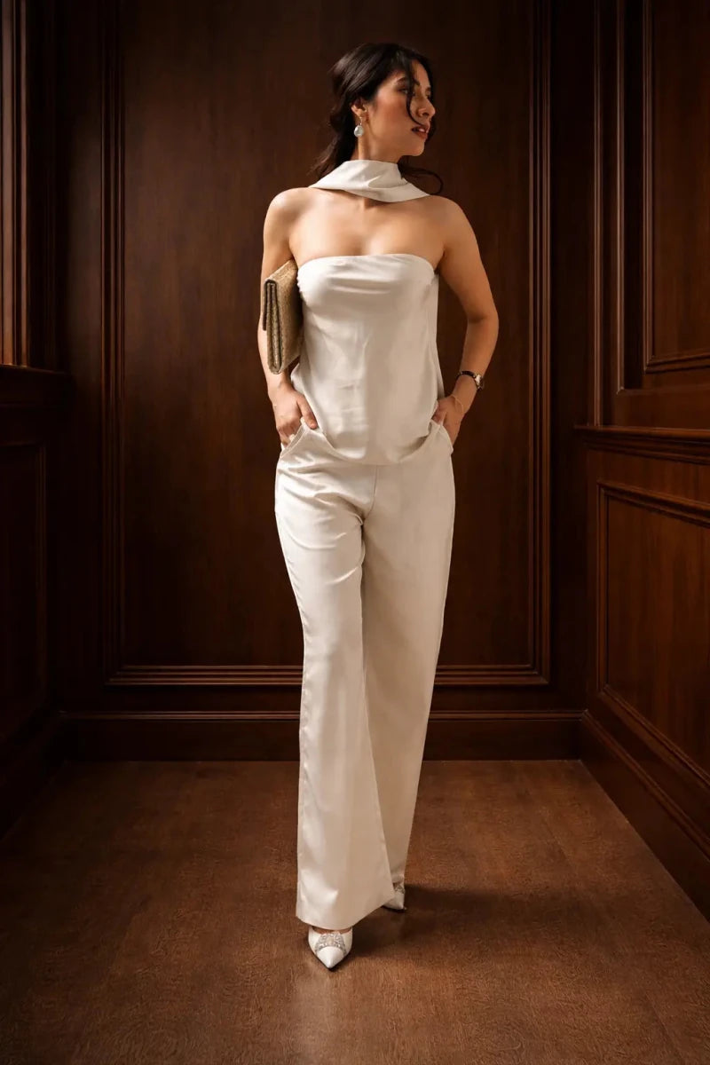 Premium Satin Champagne Tube Top Co - ord set - FREYJA GLOBAL -