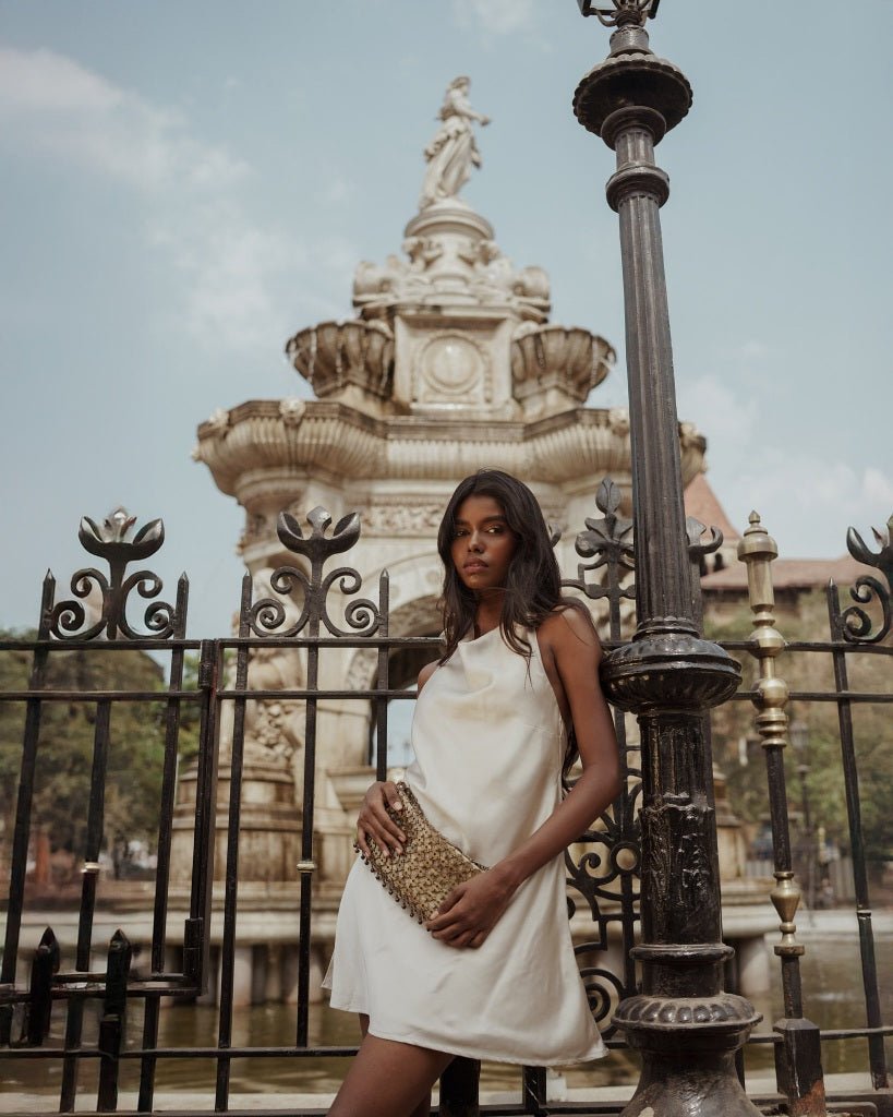The Island Muse - Premium Satin Champagne Short Dress - FREYJA GLOBAL -