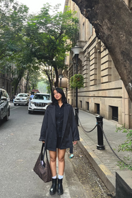 Black Double breasted Trench Coat Jacket with tie-belt - FREYJA INDIA