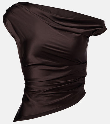 Premium Silk Blend Satin Brown Off-Shoulder Top