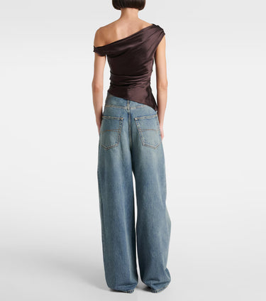 Premium Silk Blend Satin Brown Off-Shoulder Top