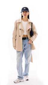 Beige Premium Double - breasted Trench Coat with Belt - FREYJA INDIA - 