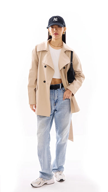 Beige Premium Double - breasted Trench Coat with Belt - FREYJA INDIA - 
