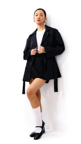 Black Double breasted Trench Coat Jacket with tie - belt - FREYJA INDIA - 