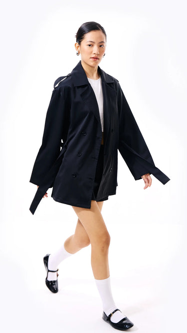 Black Double breasted Trench Coat Jacket with tie - belt - FREYJA INDIA - 