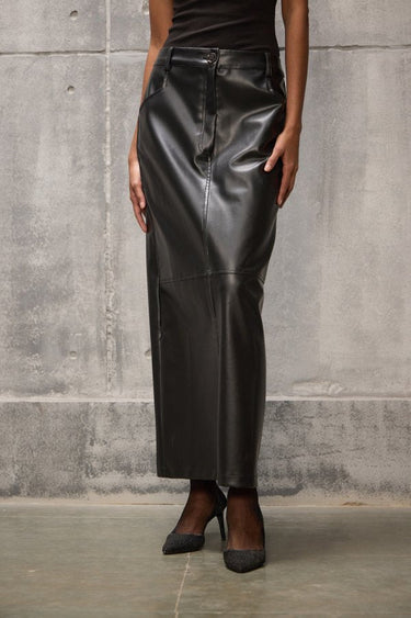 Black Faux Leather Long Pencil Skirt - FREYJA GLOBAL - 