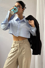 Blue Cotton Poplin Crop Shirt - FREYJA GLOBAL - 