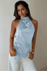 Blue Satin Halterneck Top - FREYJA GLOBAL - 