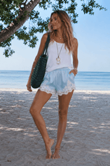 Blue Satin Lace Shorts - FREYJA GLOBAL - 