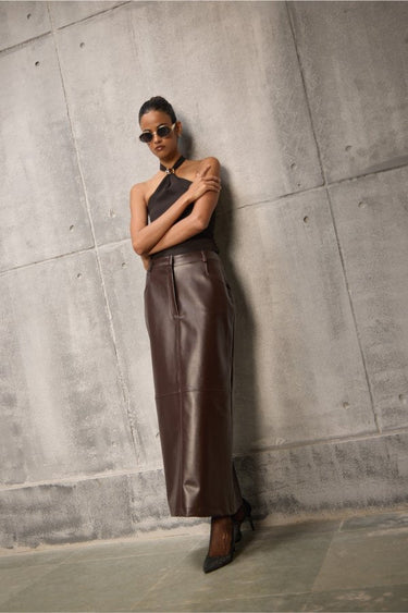 Brown Faux Leather Long Pencil Skirt - FREYJA GLOBAL - 