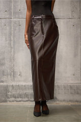Brown Faux Leather Long Pencil Skirt - FREYJA GLOBAL - 