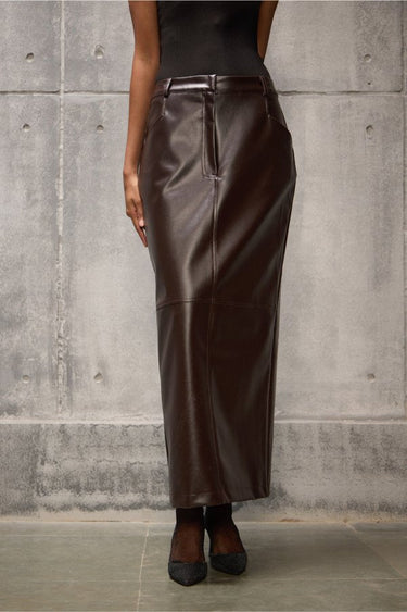 Brown Faux Leather Long Pencil Skirt - FREYJA GLOBAL - 