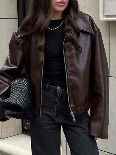 Brown faux leather Oversized Jacket - FREYJA GLOBAL - 