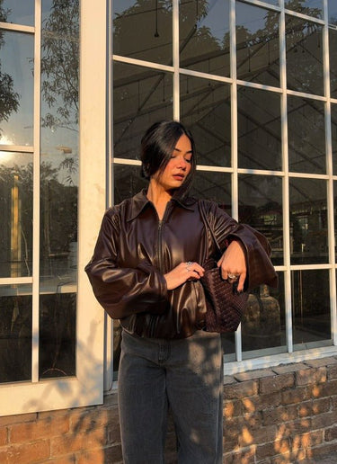 Brown faux leather Oversized Jacket - FREYJA GLOBAL - 