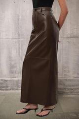 Brown Vegan Leather Long Pencil Skirt - FREYJA GLOBAL - 