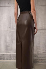 Brown Vegan Leather Long Pencil Skirt - FREYJA GLOBAL - 