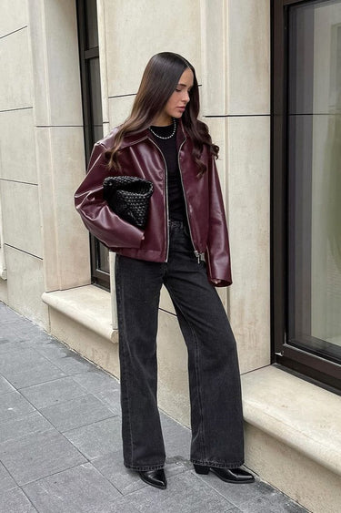 Burgundy faux leather Oversized Jacket - FREYJA GLOBAL - 