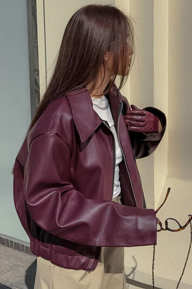 Burgundy faux leather Oversized Jacket - FREYJA GLOBAL - 
