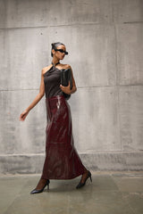 Burgundy Faux Leather Pencil long Straight Skirt - FREYJA GLOBAL - 