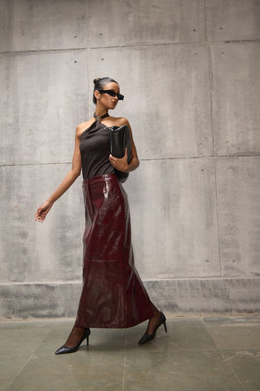 Burgundy Faux Leather Pencil long Straight Skirt - FREYJA GLOBAL - 
