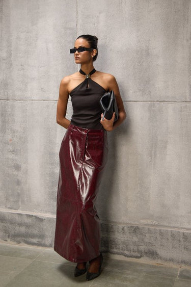 Burgundy Faux Leather Pencil long Straight Skirt - FREYJA GLOBAL - 