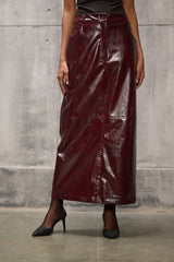 Burgundy Faux Leather Pencil long Straight Skirt - FREYJA GLOBAL - 