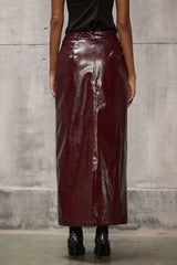Burgundy Faux Leather Pencil long Straight Skirt - FREYJA GLOBAL - 