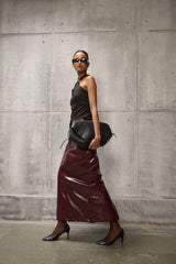 Burgundy Faux Leather Pencil long Straight Skirt - FREYJA GLOBAL - 