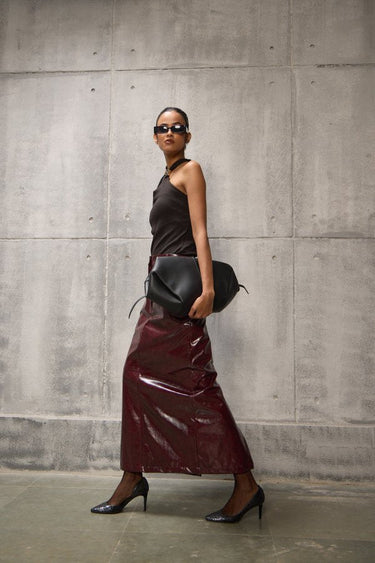 Burgundy Faux Leather Pencil long Straight Skirt - FREYJA GLOBAL - 