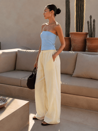 Butter Yellow Linen Blend Drawstring Trouser - FREYJA GLOBAL - 