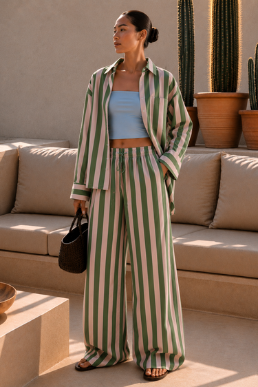 Cotton Striped Wide Leg Trouser