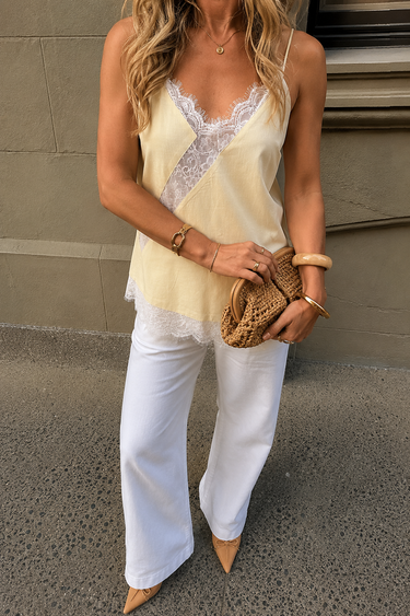 Linen Blend Butter Yellow  Cami Lace top