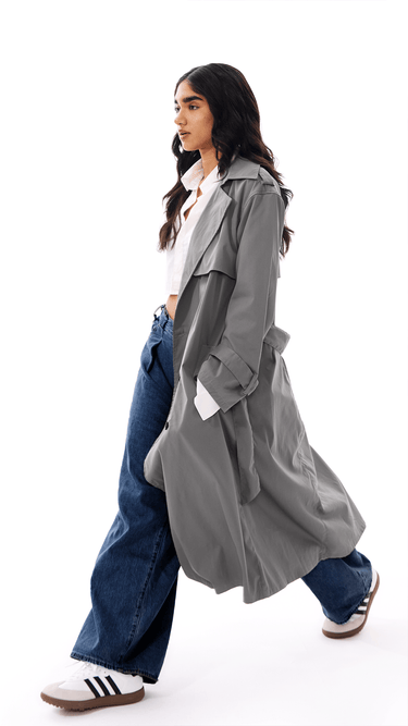 Grey Double - Breasted Long Trench Coat with Belt - FREYJA INDIA - 
