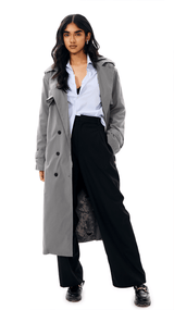 Grey Double - Breasted Long Trench Coat with Belt - FREYJA INDIA - 