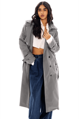 Grey Double - Breasted Long Trench Coat with Belt - FREYJA INDIA - 