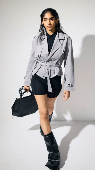 Grey Trench Coat Jacket with Belt - FREYJA INDIA - 