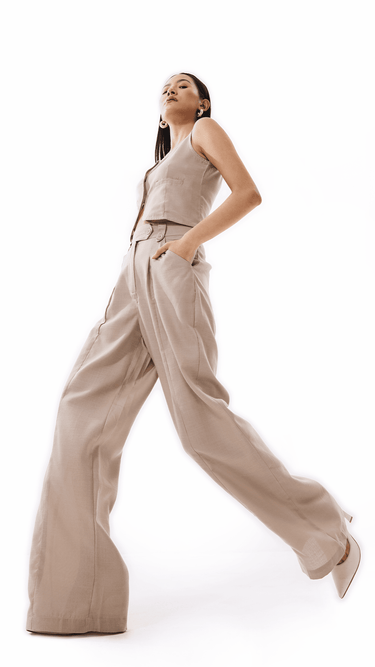 Linen Beige Trousers - Oversized Korean Style Pants - FREYJA INDIA - 