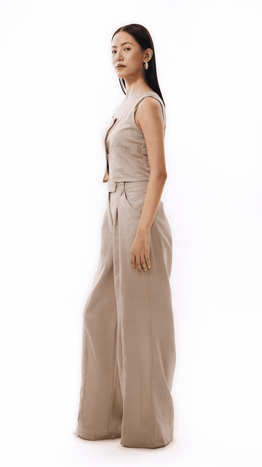 Linen Beige Trousers - Oversized Korean Style Pants - FREYJA INDIA - 