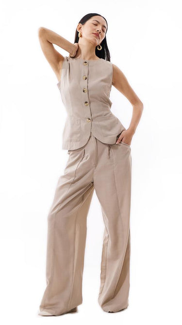 Linen Beige Vest And Trouser - FREYJA INDIA - 