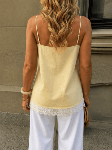 Linen Blend Butter Yellow Cami Lace top - FREYJA GLOBAL - 