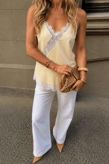 Linen Blend Butter Yellow Cami Lace top - FREYJA GLOBAL - 