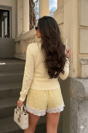 Linen Blend Butter Yellow Lace Short - FREYJA GLOBAL - 