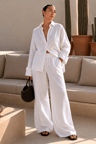 Linen Blend White Oversized Shirt - FREYJA GLOBAL - 