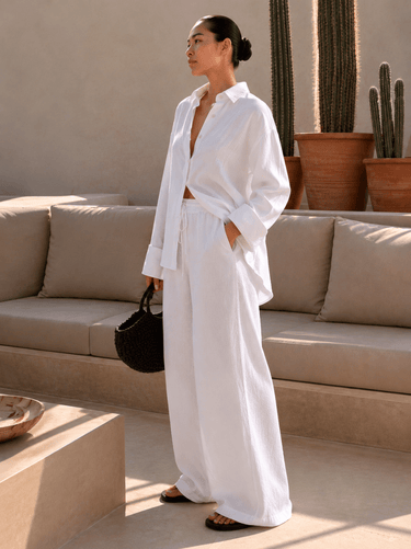 Linen Blend White Oversized Shirt - FREYJA GLOBAL - 