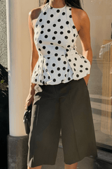 Linen Blend White polka dot halter flare top - FREYJA GLOBAL - 