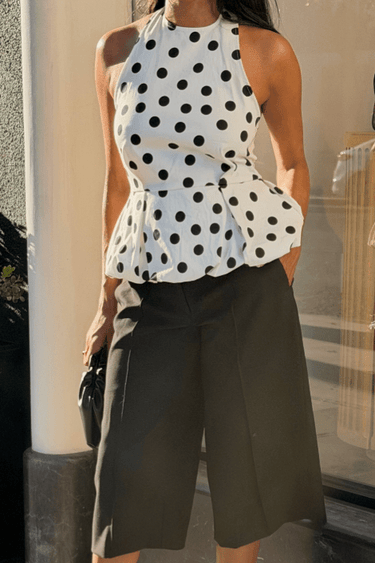 Linen Blend White polka dot halter flare top - FREYJA GLOBAL - 