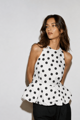 Linen Blend White polka dot halter flare top - FREYJA GLOBAL - 