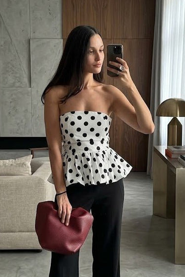Linen Blend White polka dot tube flare top - FREYJA GLOBAL - 