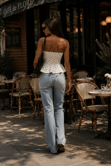 Linen Blend White Polka dot tube flare top - FREYJA GLOBAL - 