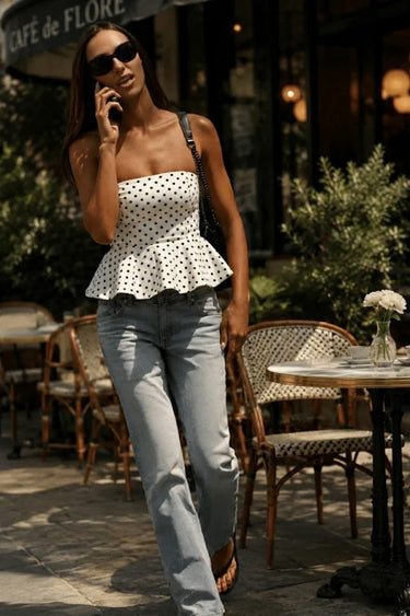 Linen Blend White Polka dot tube flare top - FREYJA GLOBAL - 